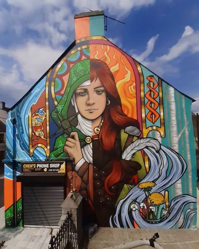 Friz’s colourful Brigid of Faughart mural on Bridge Street, Dundalk
