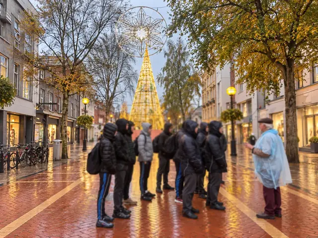 A guided group gathering on a tree-lined Dundalk street in winter